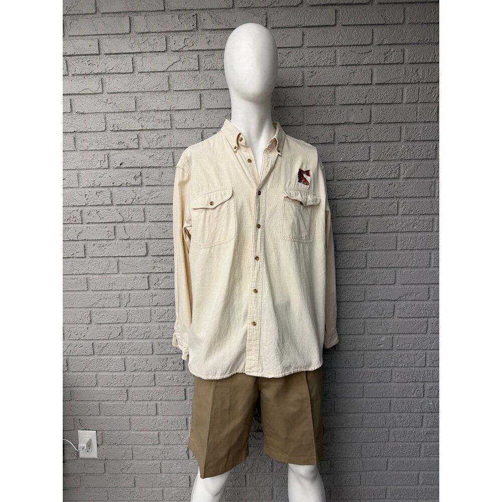 Reel Legends Cream Cotton Embroidered Fishing Long Sleeve Men Shirt Size XL